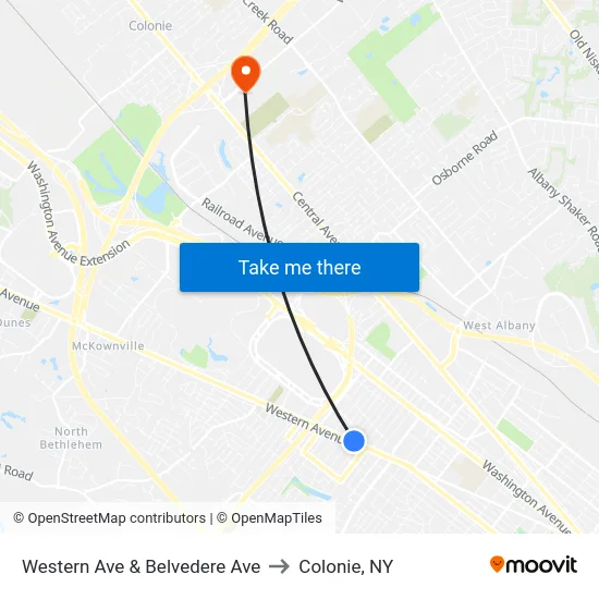 Western Ave & Belvedere  Ave to Colonie, NY map