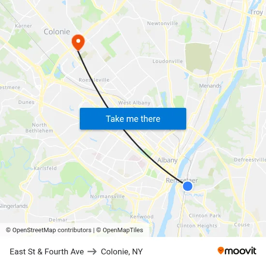 East St & Fourth Ave to Colonie, NY map