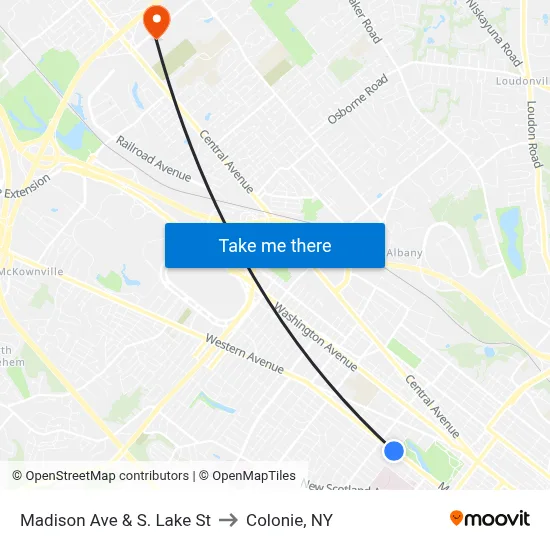 Madison Ave & S. Lake St to Colonie, NY map