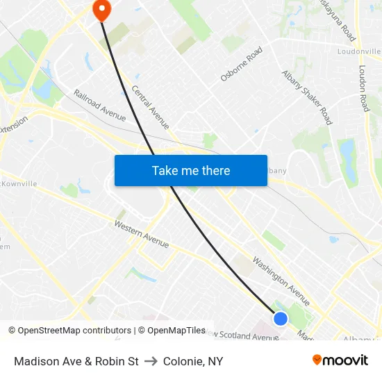 Madison Ave & Robin St to Colonie, NY map