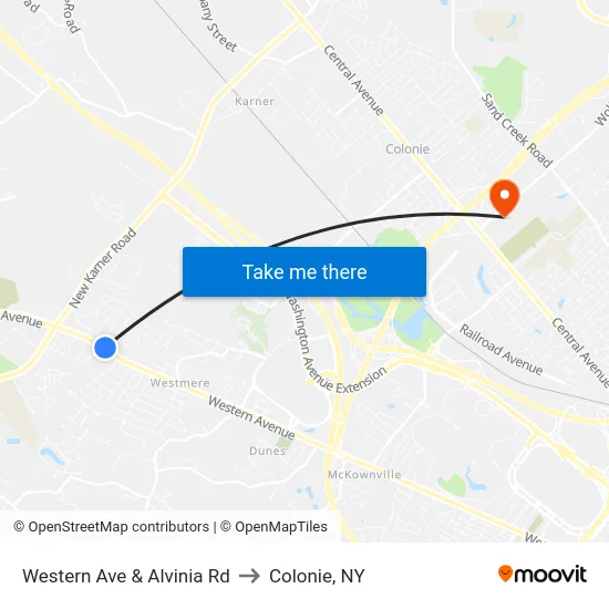 Western Ave & Alvinia Rd to Colonie, NY map