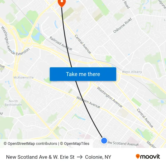 New Scotland Ave & W. Erie St to Colonie, NY map