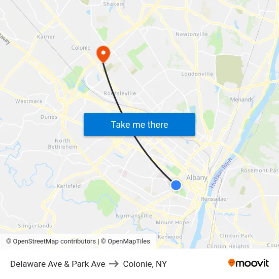 Delaware Ave & Park Ave to Colonie, NY map