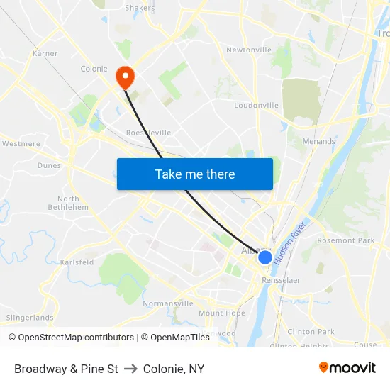 Broadway & Pine St to Colonie, NY map