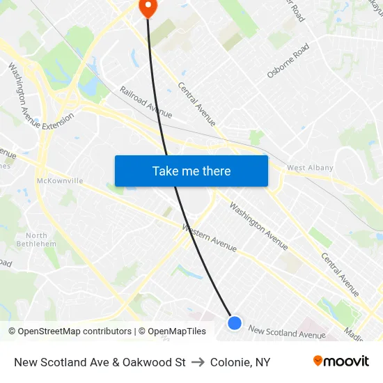 New Scotland Ave & Oakwood St to Colonie, NY map