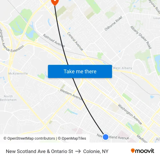 New Scotland Ave & Ontario St to Colonie, NY map