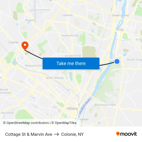 Cottage St & Marvin Ave to Colonie, NY map