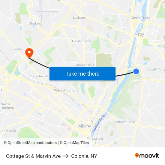 Cottage St & Marvin Ave to Colonie, NY map
