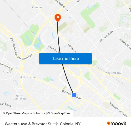 Western Ave & Brevator St to Colonie, NY map