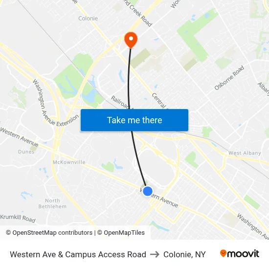 Western Ave & Campus Access Road to Colonie, NY map