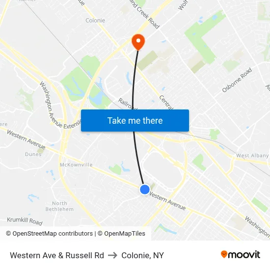 Western Ave & Russell Rd to Colonie, NY map