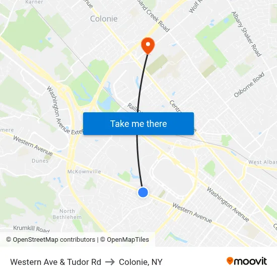 Western Ave & Tudor Rd to Colonie, NY map
