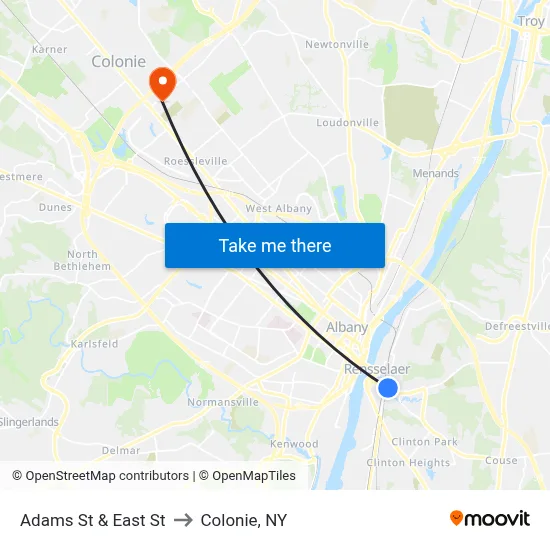 Adams St & East St to Colonie, NY map