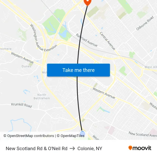 New Scotland Rd & O'Neil Rd to Colonie, NY map