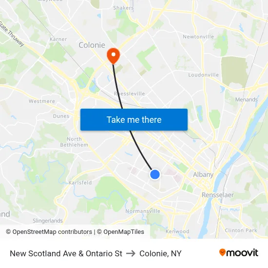 New Scotland Ave & Ontario St to Colonie, NY map