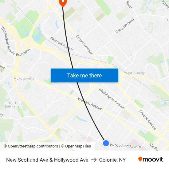 New Scotland Ave & Hollywood Ave to Colonie, NY map
