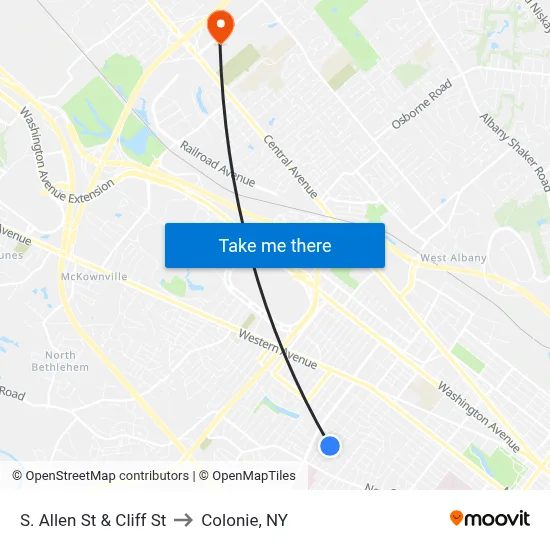 S. Allen St & Cliff St to Colonie, NY map
