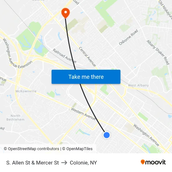 S. Allen St & Mercer St to Colonie, NY map