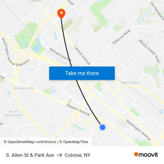S. Allen St & Park Ave to Colonie, NY map