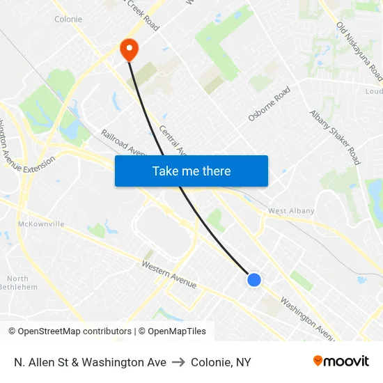 N. Allen St & Washington Ave to Colonie, NY map