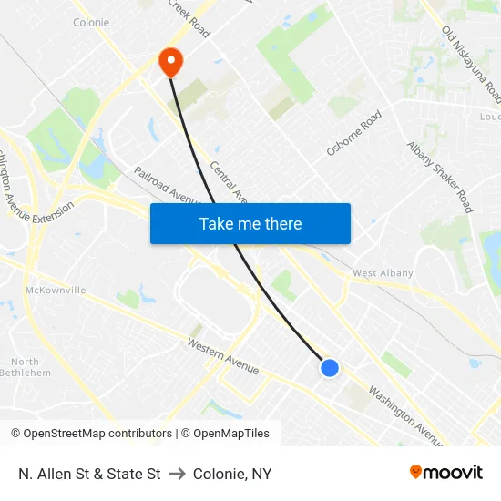 N. Allen St & State St to Colonie, NY map