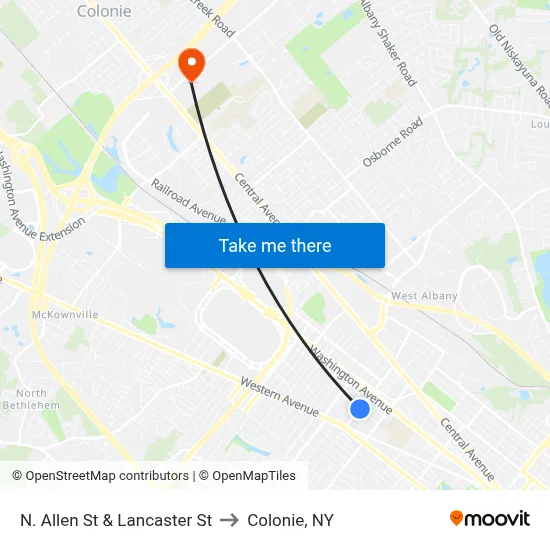 N. Allen St & Lancaster St to Colonie, NY map