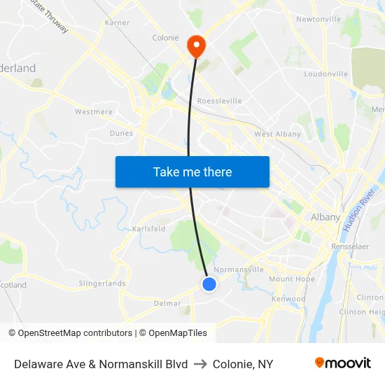 Delaware Ave & Normanskill Blvd to Colonie, NY map