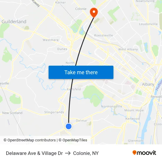 Delaware Ave & Village Dr to Colonie, NY map