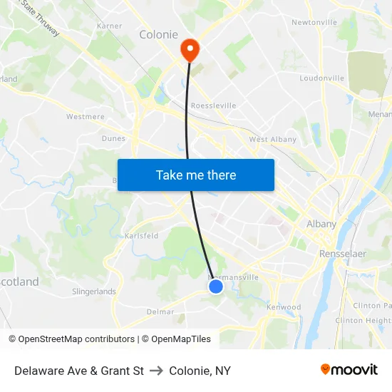 Delaware Ave & Grant St to Colonie, NY map