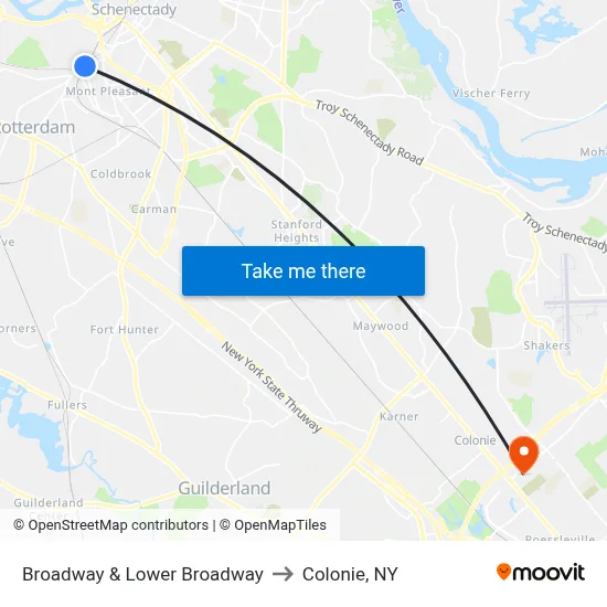 Broadway & Lower Broadway to Colonie, NY map