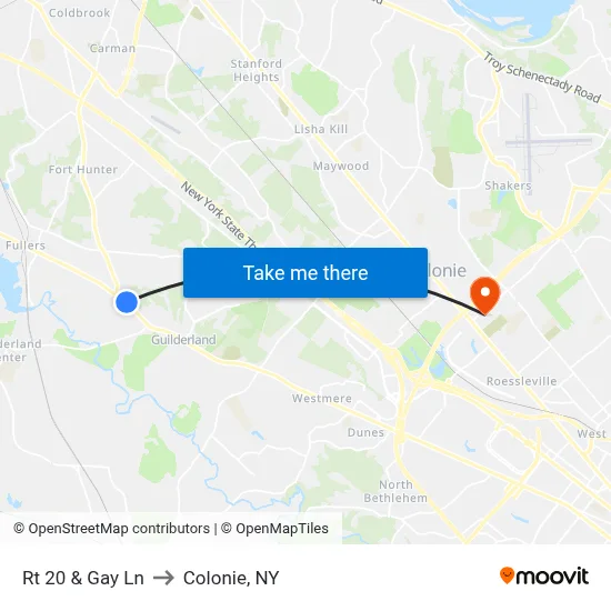 Rt 20 & Gay Ln to Colonie, NY map