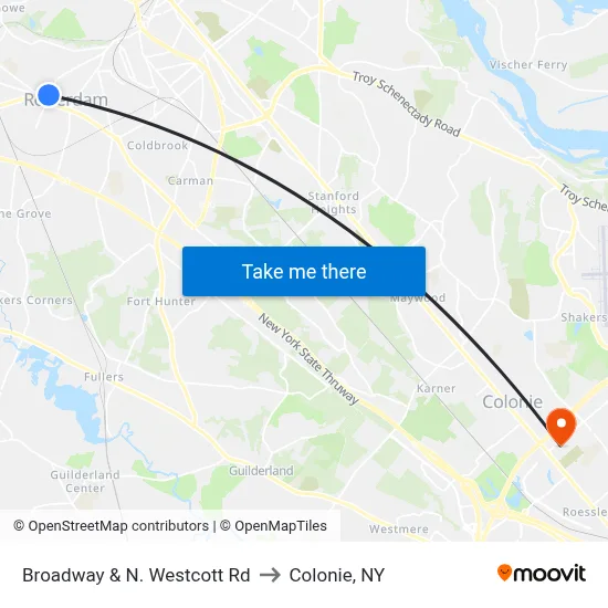 Broadway & N. Westcott Rd to Colonie, NY map