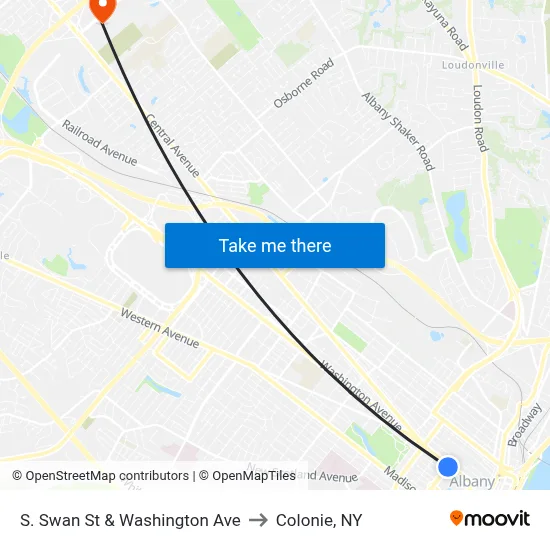 S. Swan St & Washington Ave to Colonie, NY map
