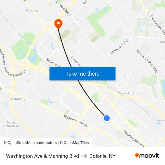 Washington Ave & Manning Blvd to Colonie, NY map