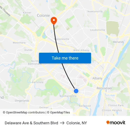 Delaware Ave & Southern Blvd to Colonie, NY map