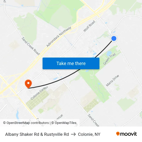 Albany Shaker Rd & Rustyville Rd to Colonie, NY map