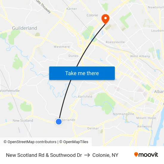 New Scotland Rd & Southwood Dr to Colonie, NY map