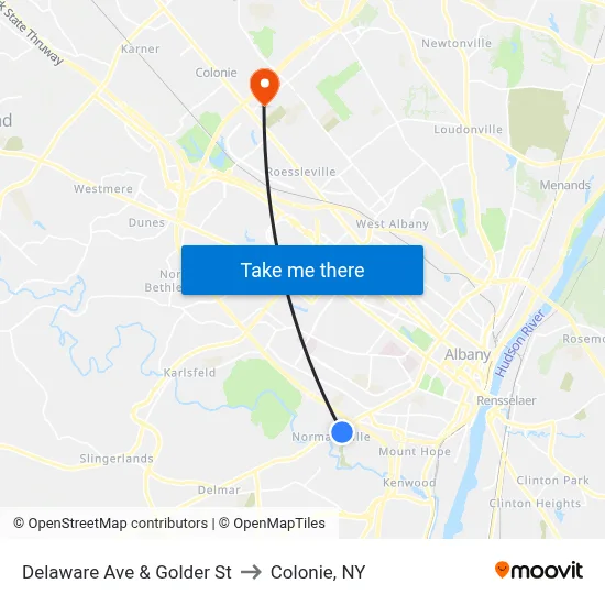 Delaware Ave & Golder St to Colonie, NY map