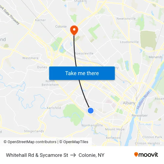 Whitehall Rd & Sycamore St to Colonie, NY map