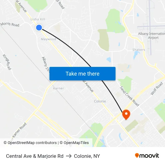 Central Ave & Marjorie Rd to Colonie, NY map