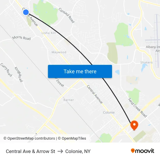 Central Ave & Arrow St to Colonie, NY map