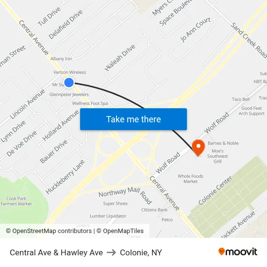 Central Ave & Hawley Ave to Colonie, NY map