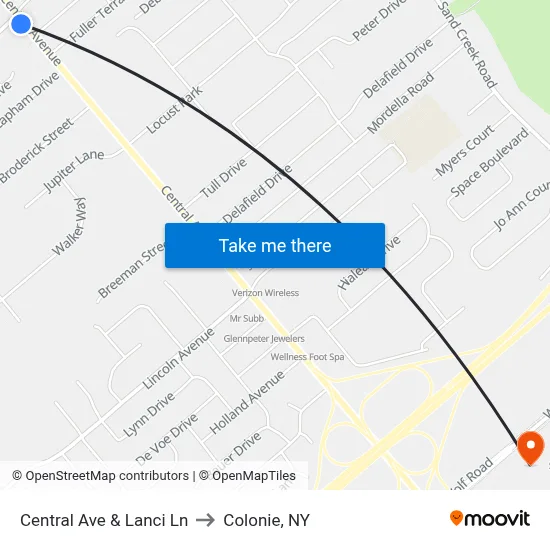 Central Ave & Lanci Ln to Colonie, NY map
