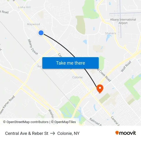 Central Ave & Reber St to Colonie, NY map