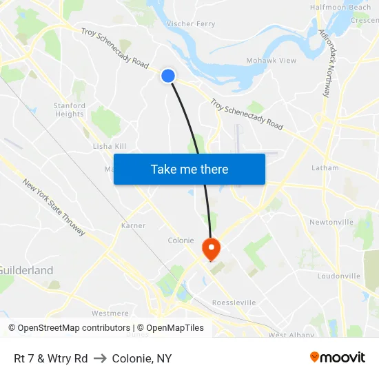 Rt 7 & Wtry Rd to Colonie, NY map