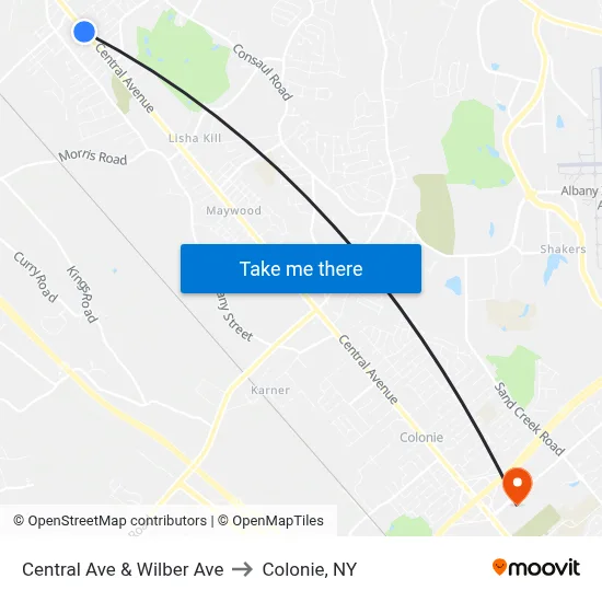 Central Ave & Wilber Ave to Colonie, NY map