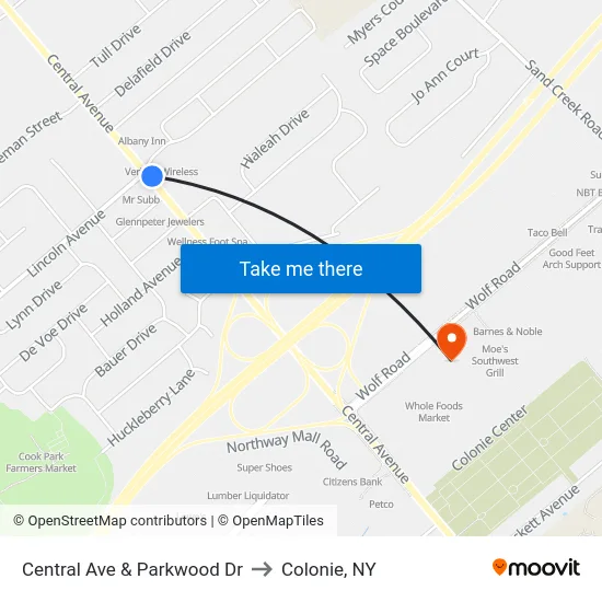 Central Ave & Parkwood Dr to Colonie, NY map