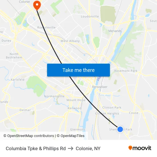 Columbia Tpke & Phillips Rd to Colonie, NY map