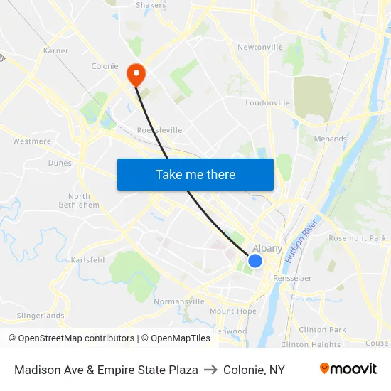 Madison Ave & Empire State Plaza to Colonie, NY map