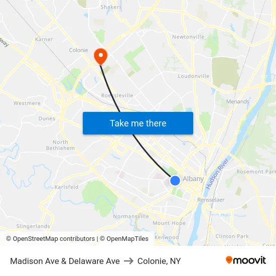 Madison Ave & Delaware Ave to Colonie, NY map